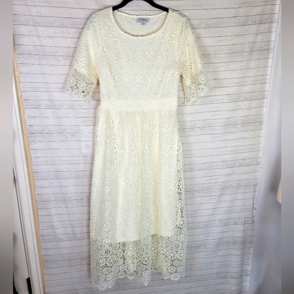 POLAGRAM CROCHET FLORAL LACE CREAM MIDI DRESS, SZ SMALL - Picture 2 of 16